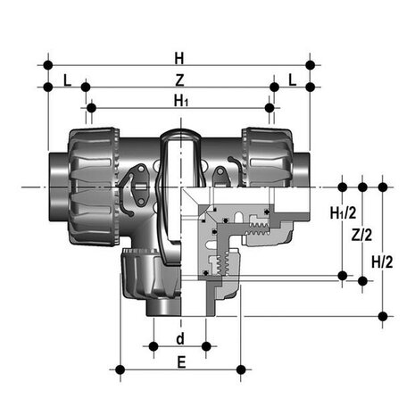 TKDIV063F - PVC-U 3-weg kogelkraan TKDIV FKM T-boring lijmmof d63 (DN50)