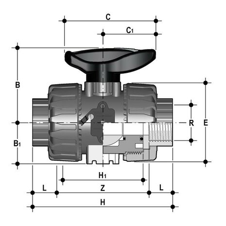 VKDFV034F - PVC-U 2-weg kogelkraan VKDFV FKM binnendraad 3/4"