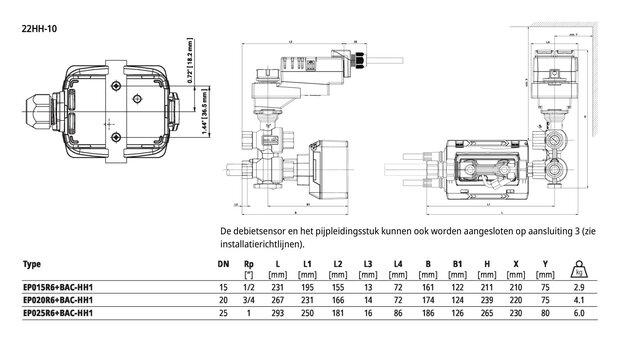 Maattekening Belimo EP015R6+BAC-HH1