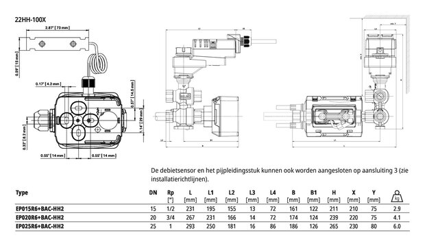 Maattekening Belimo EP015R6+BAC-HH2