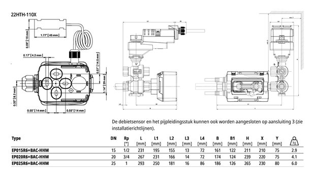 Maattekening Belimo EP015R6+BAC-HHM