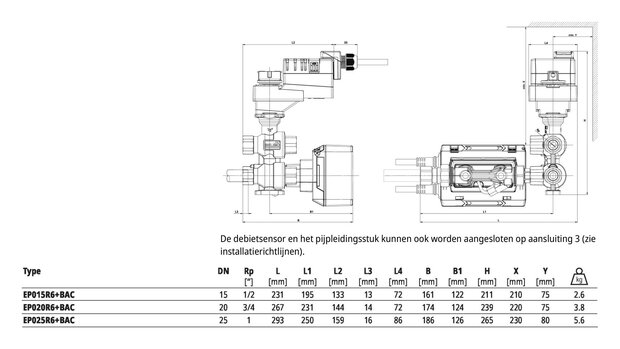 Maattekening Belimo EP020R6+BAC