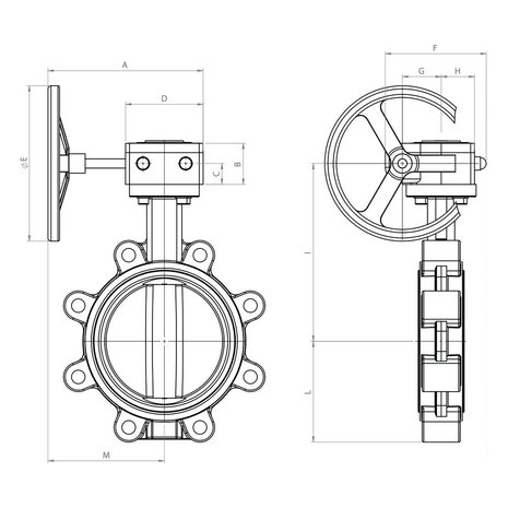 R886XZ073 - Omal Kraven vlinderklep LUG DN125 - Met handreductor (gearbox) - RVS CF8M disc / liner EPDM wit - maattekening