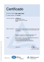 Eerste pagina van het ISO 14001:2015-certificaat van TÜV Rheinland voor Genebre S.A.