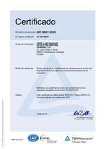 Eerste pagina van het ISO 9001:2015-certificaat van TÜV Rheinland voor Genebre S.A.