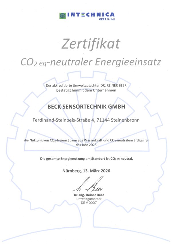 Eerste pagina van het certificaat CO2-neutraal energiegebruik van Intechnica Cert voor Beck Sensortechnik GmbH