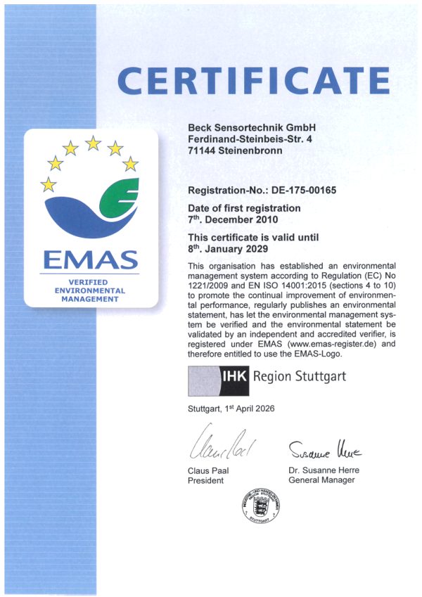 Eerste pagina van het EMAS-certificaat van de IHK Region Stuttgart voor Beck Sensortechnik GmbH