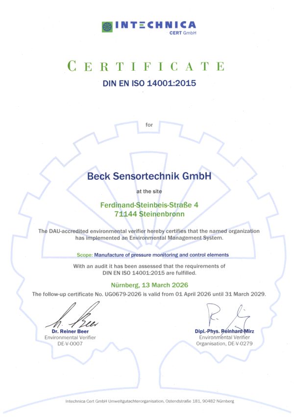 Eerste pagina van het ISO 14001:2015 certificaat van Intechnica Cert voor Beck Sensortechnik GmbH