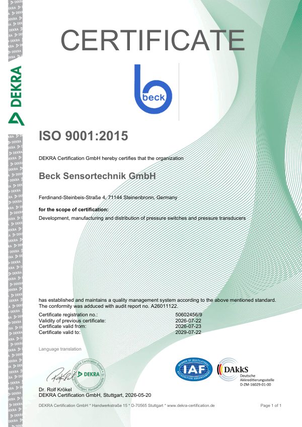 Eerste pagina van het ISO 9001:2015 certificaat van DEKRA voor Beck Sensortechnik GmbH