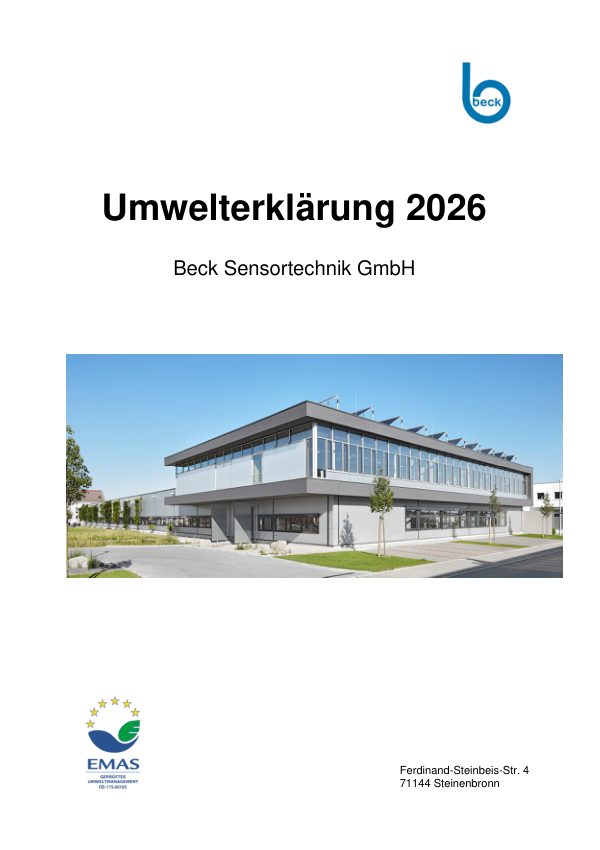 Omslag van de milieuverklaring 2026 van Beck Sensortechnik GmbH in Steinenbronn