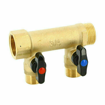COLVE42 - messing sanitaire verdeler met geïntegreerde kranen 3/4", 2 uitgangen