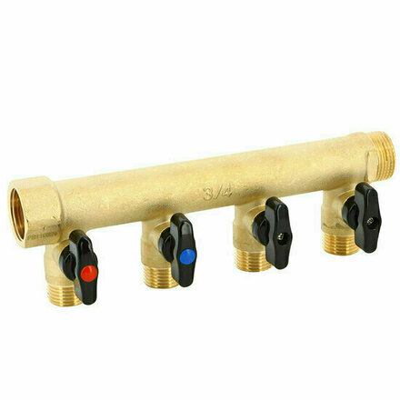 COLVE44 - messing sanitaire verdeler met geïntegreerde kranen 3/4", 4 uitgangen