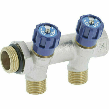 COLRB42 - messing sanitaire verdeler met geïntegreerde kranen 3/4", 2 uitgangen blauw (koud)