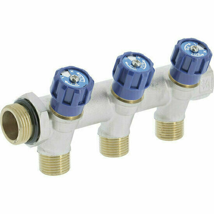 COLRB43 - messing sanitaire verdeler met geïntegreerde kranen 3/4", 3 uitgangen blauw (koud)