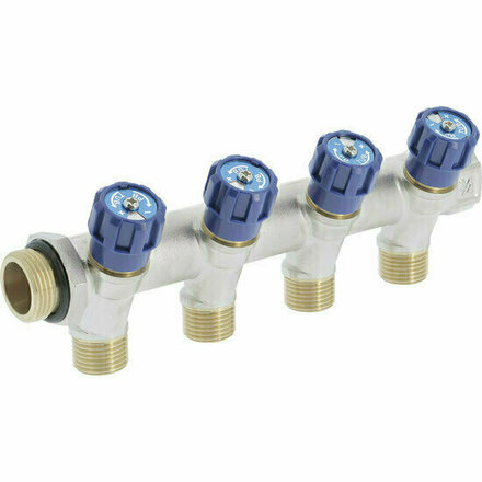 COLRB44 - messing sanitaire verdeler met geïntegreerde kranen 3/4", 4 uitgangen blauw (koud)