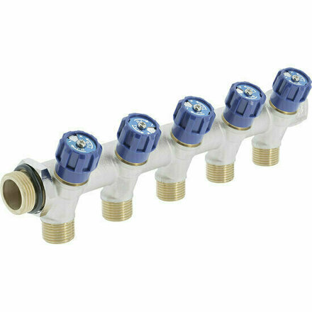 COLRB45 - messing sanitaire verdeler met geïntegreerde kranen 3/4", 5 uitgangen blauw (koud)