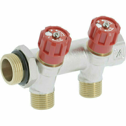 COLRR42 - messing sanitaire verdeler met geïntegreerde kranen 3/4", 2 uitgangen rood (warm)