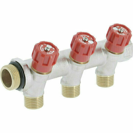 COLRR43 - messing sanitaire verdeler met geïntegreerde kranen 3/4", 3 uitgangen rood (warm)