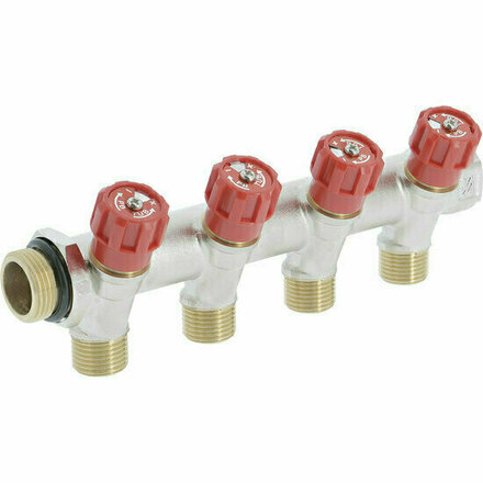 COLRR44 - messing sanitaire verdeler met geïntegreerde kranen 3/4", 4 uitgangen rood (warm)