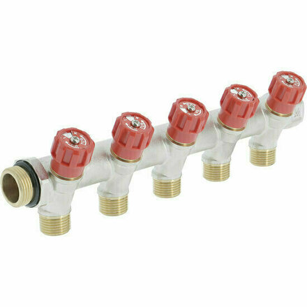 COLRR45 - messing sanitaire verdeler met geïntegreerde kranen 3/4", 5 uitgangen rood (warm)
