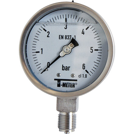 1618005 - Manometer 1618 RVS glycerinegevuld radiaal Ø100 BSP 1/2" klasse 1 0/6 bar