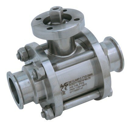 543030 6321F - 4G Ghidini 2-weg 3-delige kogelkraan RVS 316L, ISO 5211-top, Clamp-aansluiting DIN 32676, maat 1"1/2, DN32, PN25, F05-14, omsluitende