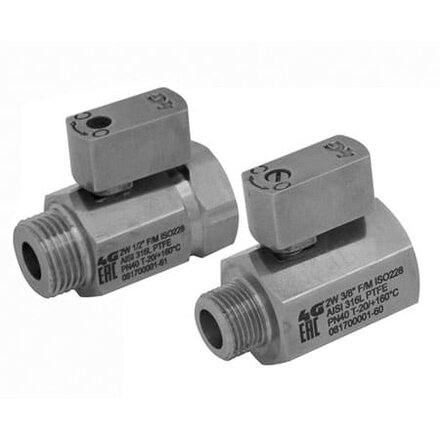 606209 61210 - 4G Ghidini 2-weg mini kogelkraan RVS 316L, rVS hendel, ISO 228 binnen-/buitendraad, maat 1/2", DN10, PN40